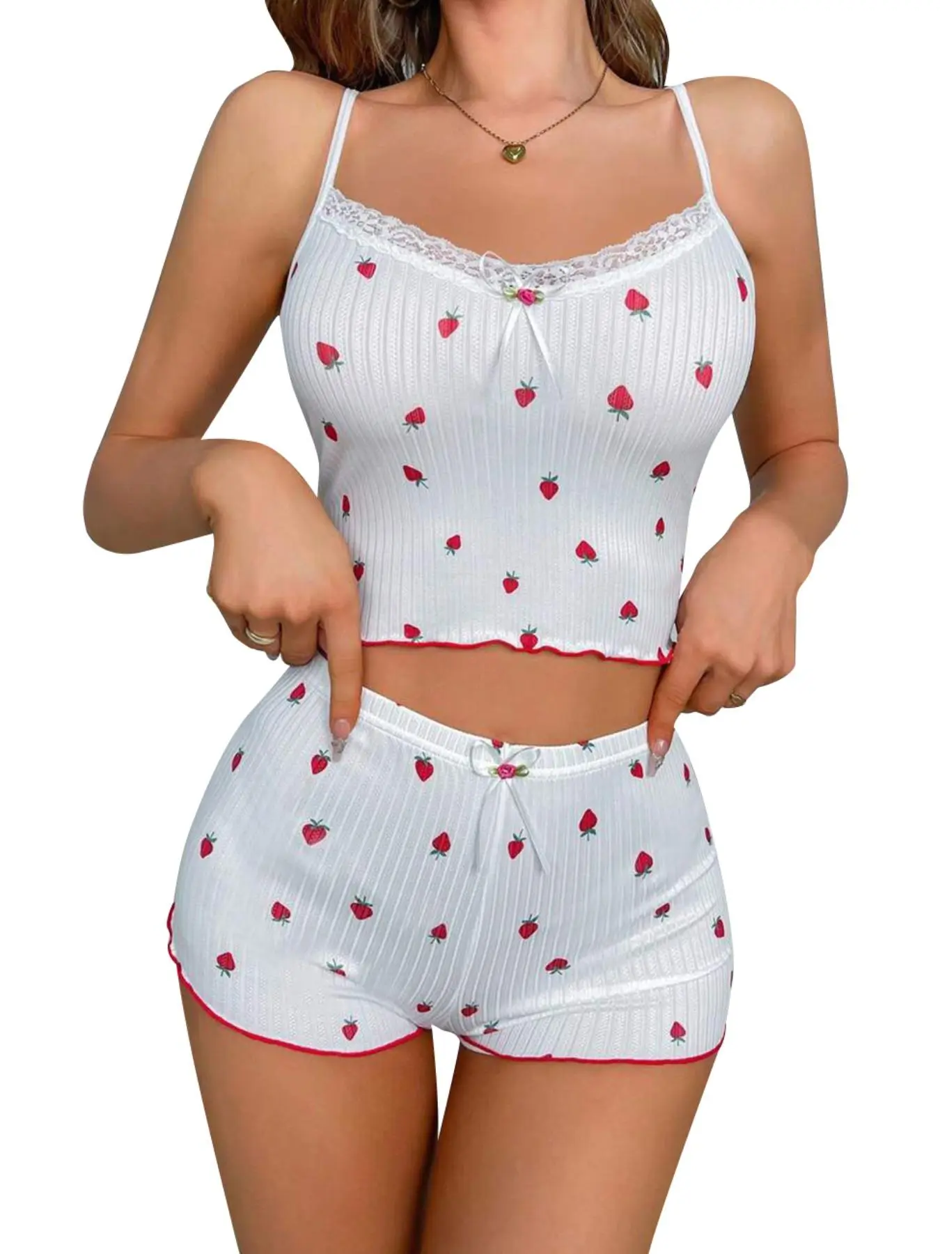 Two-Piece Set Women's Strawberry Print Cami Top & Bow Decor Shorts Pyjama Set, Sexy Comfy Loungewear Set for Women, Comfy Lounge Set for Daily Home Wear