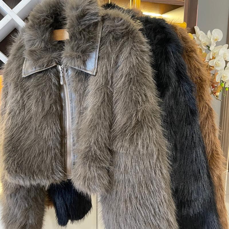  Lynk Nhi • Áo khoác lông phối da cổ và viền khoá dáng croptop  Hàng Qc loại 1  Nữ Jacket Women 