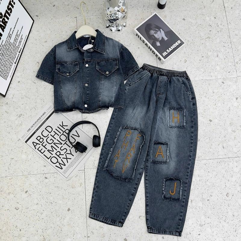 Sét Jeans Áo Cổ Đức Tay Cộc Khuy Bấm , Quần Baggy Dài Thêu Cạp Chun Cho Nữ, Thêu Chữ Khung Bò Giả Chất JEANS Mền  Có Túi Có Cổ GOBY OFFICIAL SBD09 5