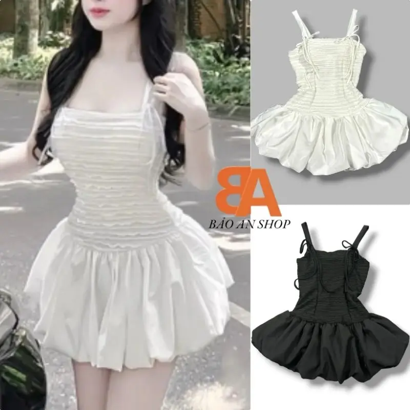 [Đ7] Đầm 2 dây nữ bảng form ngắn ôm body nhún phối kiểu bí có quần trong Free Size dưới 54kg