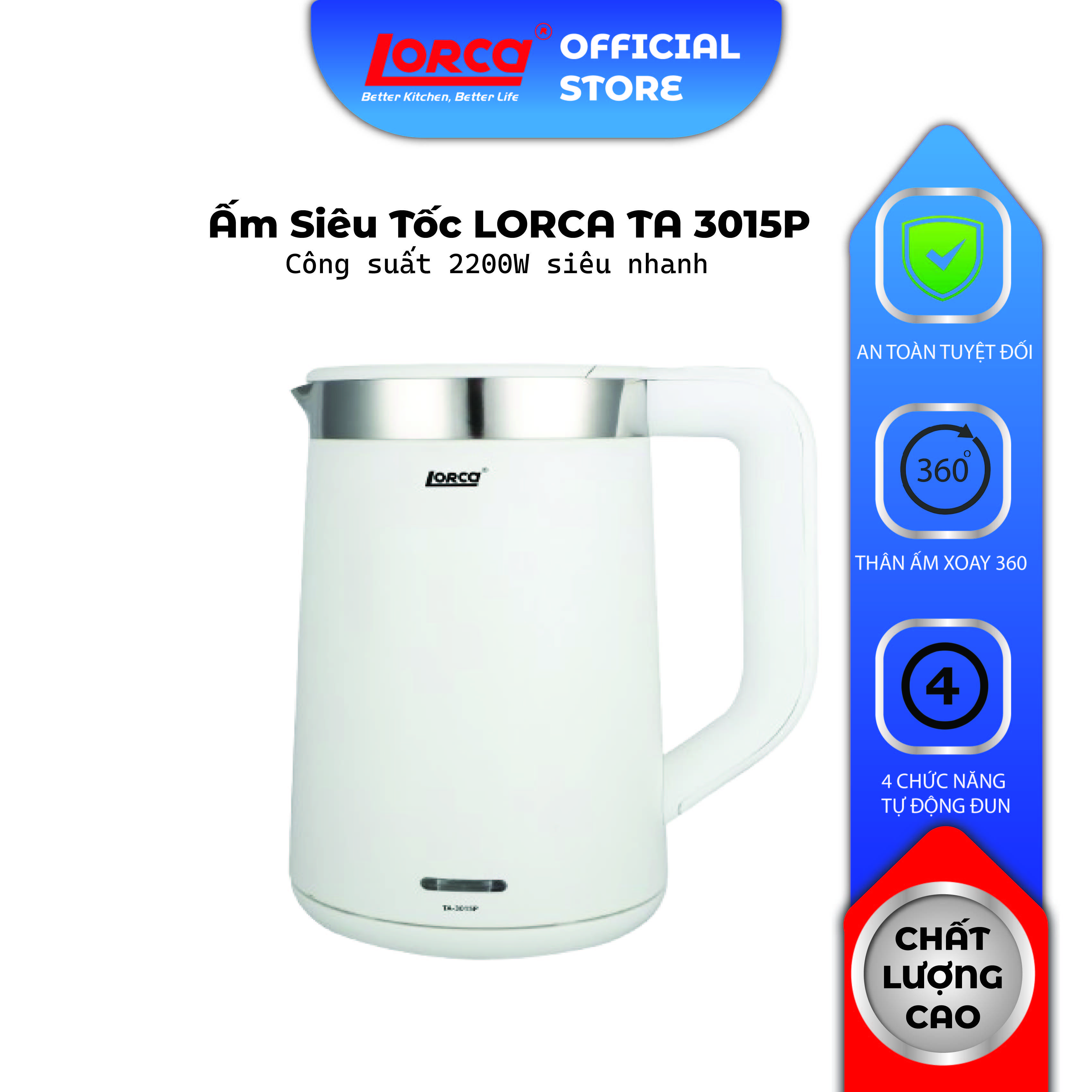 Ấm Siêu Tốc LORCA TA 3015P 1.7 Lít - Bình Đun Thủy Tinh Mini Tự Ngắt 2200W- Inox 304 Giữ Nhiệt - Tiết Kiệm Điện Ấm Siêu Tốc Đun Siêu Tốc