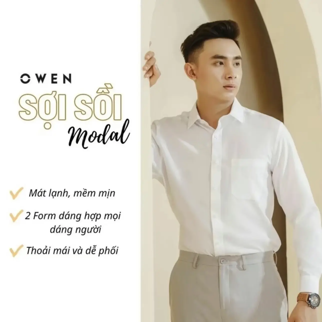OWEN - Áo sơ mi trắng dài tay Chất Modal Sợi Sồi ( Regularfit / Slimfit) - Màu trắng ngà 221197 Menswear Nam Có Cổ Shirt