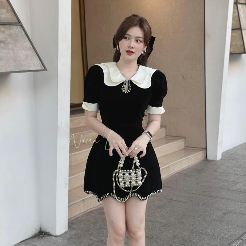 BIGSIZE HIẾU HIẾU (55-95KG) - Đầm nhung thiết kế dự tiệc cổ bèo viền đính đá