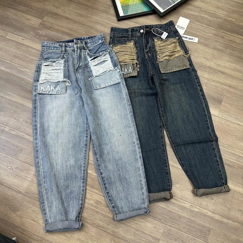 (Bigsize 75kg) Quần Baggy Jean Nữ Lộ Túi Thêu KaKa-Có Túi Rách Cào Denim Women 0