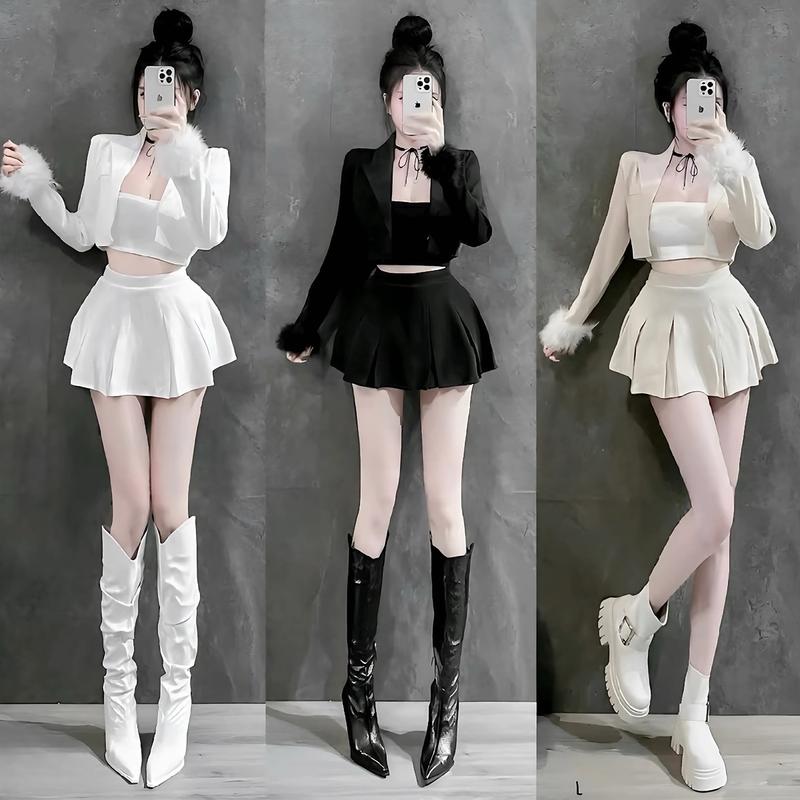 Sét bộ vest 3 món áo tay dài phối lông tay chân váy xếp li kèm áo ống - Nữ Kem Nhung Women