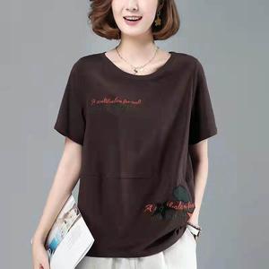 Free shipping Plus size Literary Short sleeve T-shirt Women Loose Summer tops New Trendy Korean Oversized Middle-aged Mother Applique bottoming Casual Tees Female