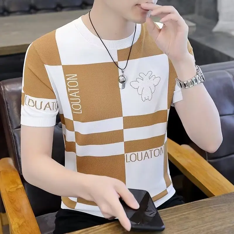 92328p35 men's summer knitted short-sleeved T-shirt men's fashion casual half-sleeved lapel polo shirt New