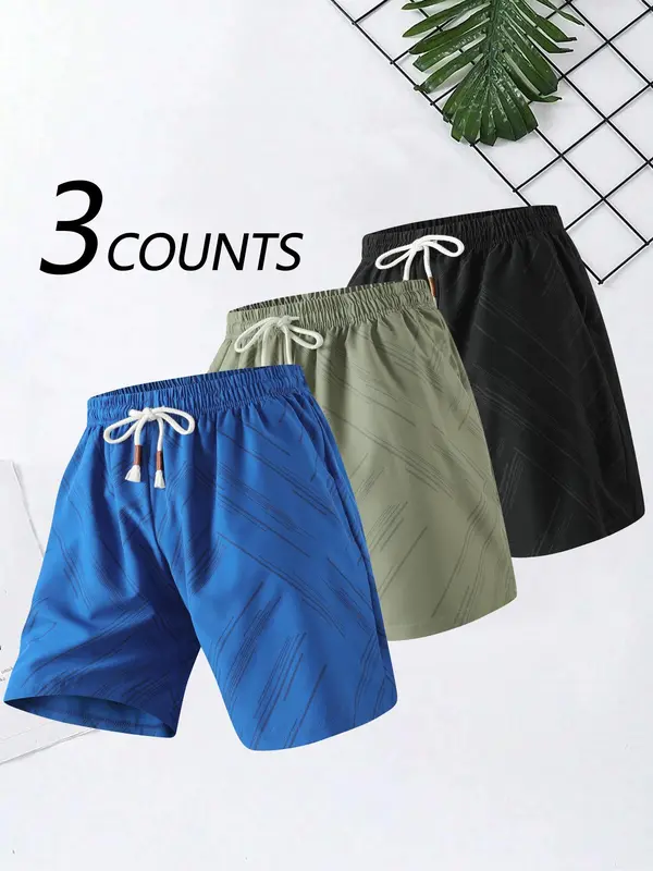 Men's Striped Print Drawstring Waist Gym Shorts, Breathable Comfortable Swim Shorts, Summer Swimwear for Men 0