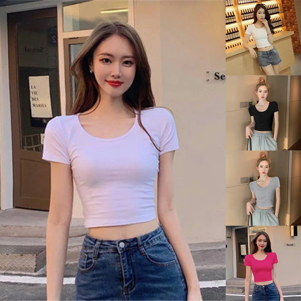 Womens Summer Cotton Round Neck Crop Tee Ladies Short Sleeve Crop Top T Shirts