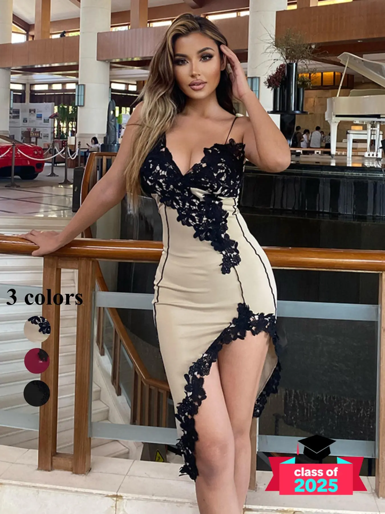 Women's Contrast Lace Colorblock Sleeveless Bodycon Formal Dress, Summer Clothes Women, Comfort Fashion Sexy Elegant Spaghetti Strap Cami Dress for Party Dating Clubwear, Date Night Outfits, Holiday Dresses, Dresses Summer