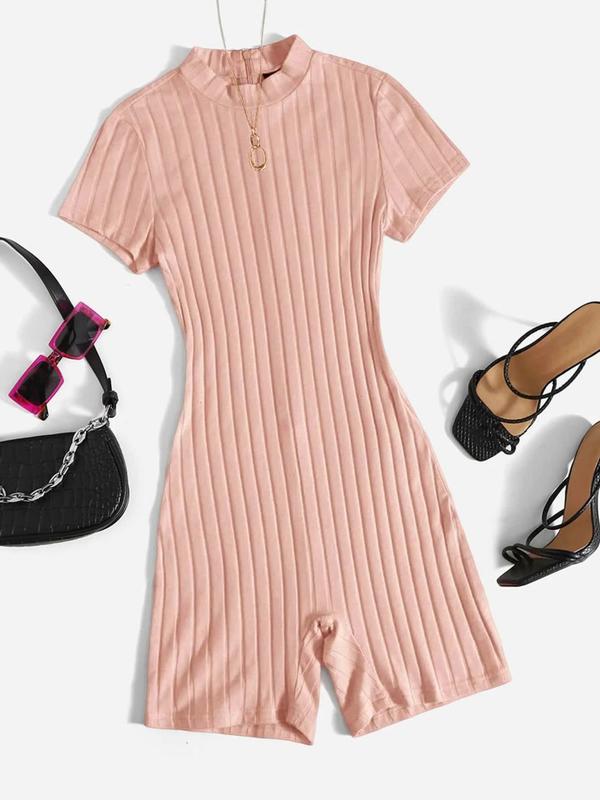 Summer Clothes Women's Plain Zipper Back Mock Neck Romper, Mean Girls Outfit, Minimalist Casual Short Sleeve Ribbed Romper for Summer, Womenswear, Lady Clothes for Daily Wear, Summer Clothes 5