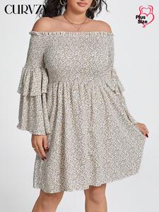 CURVZY Plus Size Ditsy Floral Print Off Shoulder Layered Sleeve Dress, Boho Fashion Casual Long Sleeve Dress for Daily Holiday Vacation Wear, Women Plus Clothing for Spring & Fall