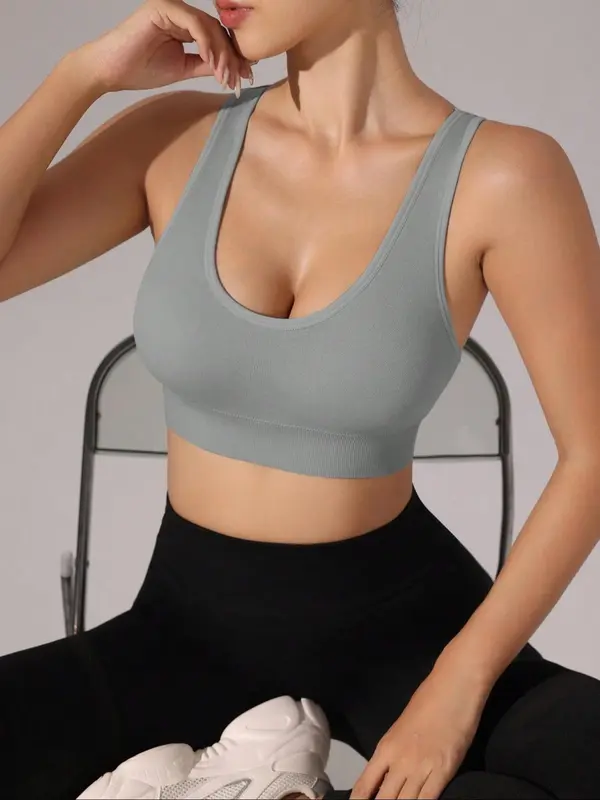 Women's Solid Racerback Sports Bra, Breathable Comfortable Wireless Sports Bra, Ladies Sportswear for Indoor Outdoor Wear 5
