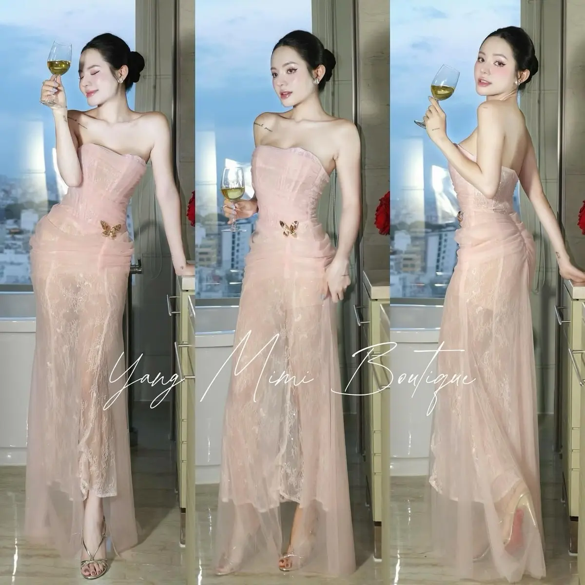 Đầm dạ đi tiệc cúp corset phối ren lưới đính tag sang trọng
