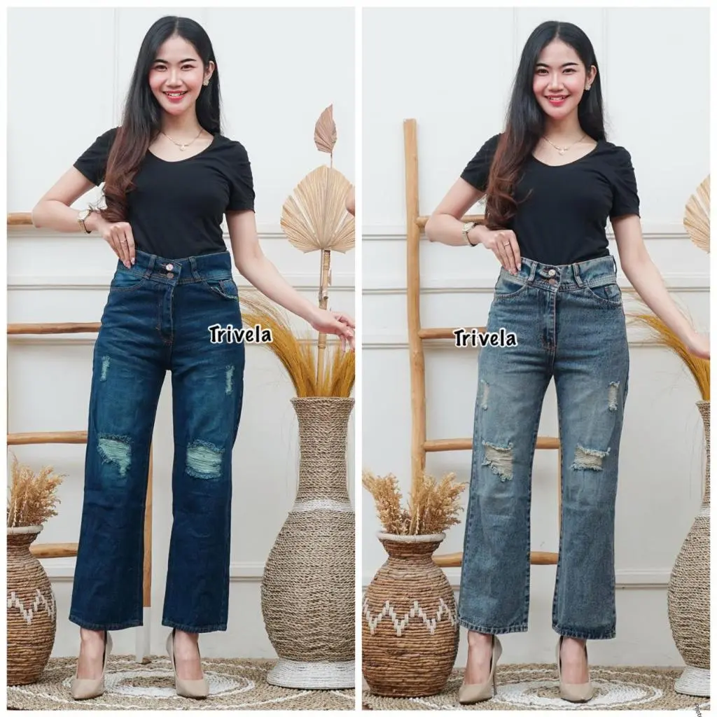Kulot Jeans Sobek Lapis Erica Hijab Friendly | Kulot Jeans Loose Whisker Washed 27-38 | PLAINBF