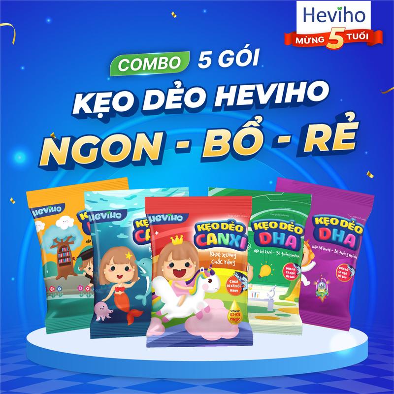 [COMBO 5 GÓI]- Kẹo dẻo Heviho - Hỗ trợ Bổ sung Canxi, DHA, Immune Cho Bé Cao Lớn - Thông Minh -Tăng Đề Kháng - Gói 32gr