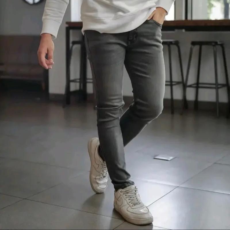 Celana panjang abu celana panjang pria jeans slimfit Polos 2