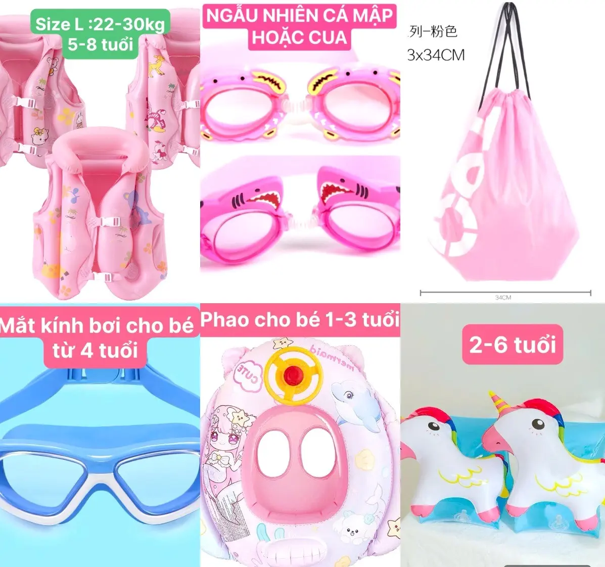 [MinMinKid3] Phụ kiện đồ bơi (Nón, mắt kính, phao tay, áo phao, phao bơi, túi đựng) tập bơi, đi biển cho bé trai, bé gái