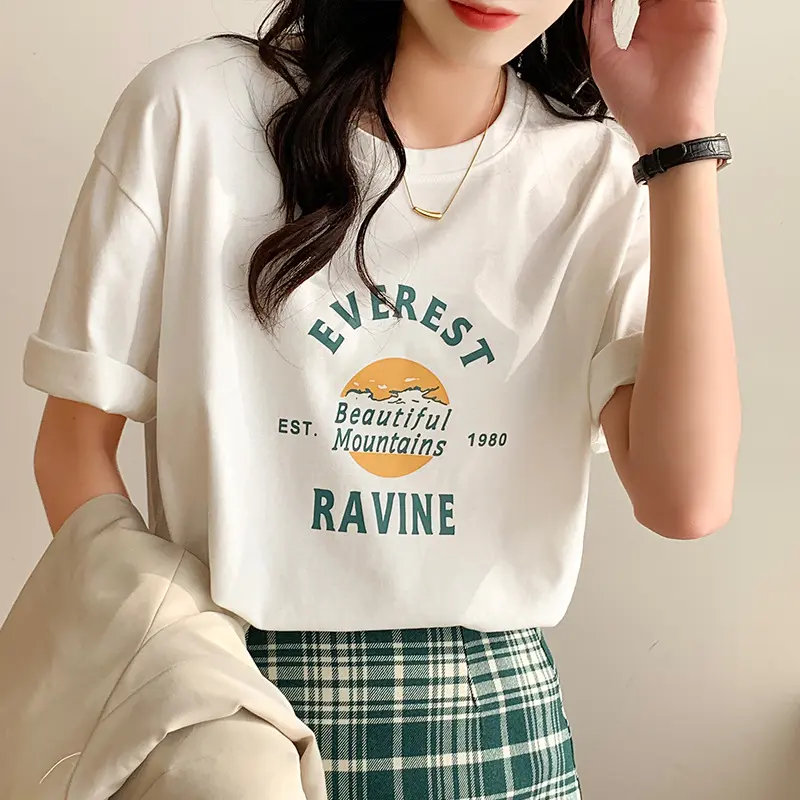 100% Cotton Summer Best Selling Women's Clothes Short-Sleeved T-shirt Loose Fashion Versatile Top Foreign Trade White T Womenswear Lingerie Streetwear Lady Comfort Casual Crewneck Round Neck Baggy Oversize