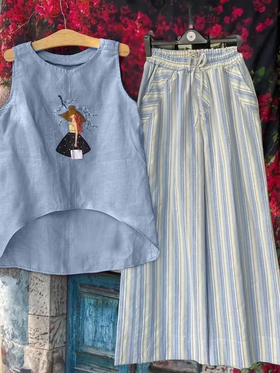 Sét Áo Ngắn Tay Áo Sát Nách Kèm Quần Nữ Linen Dài Qua Gối Quần Dáng Suông Nữ In Họa Tiết Kẻ,Đi Biển Đi Chơi Du Lịch S786 Women Kem sétáosơmikèmquầnốngrộng setáoống quầnsuông setáophông vàquầnđùi setyếm tơ setyếm tơ setđồ bigsize bộquầnáo icon áocroptop 【