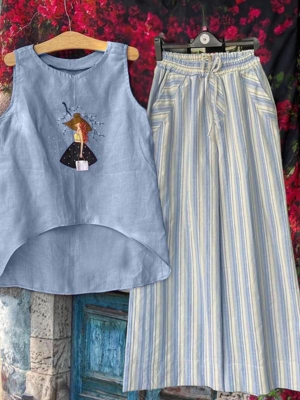 Sét Áo Ngắn Tay Áo Sát Nách Kèm Quần Nữ Linen Dài Qua Gối Quần Dáng Suông Nữ In Họa Tiết Kẻ,Đi Biển Đi Chơi Du Lịch S786