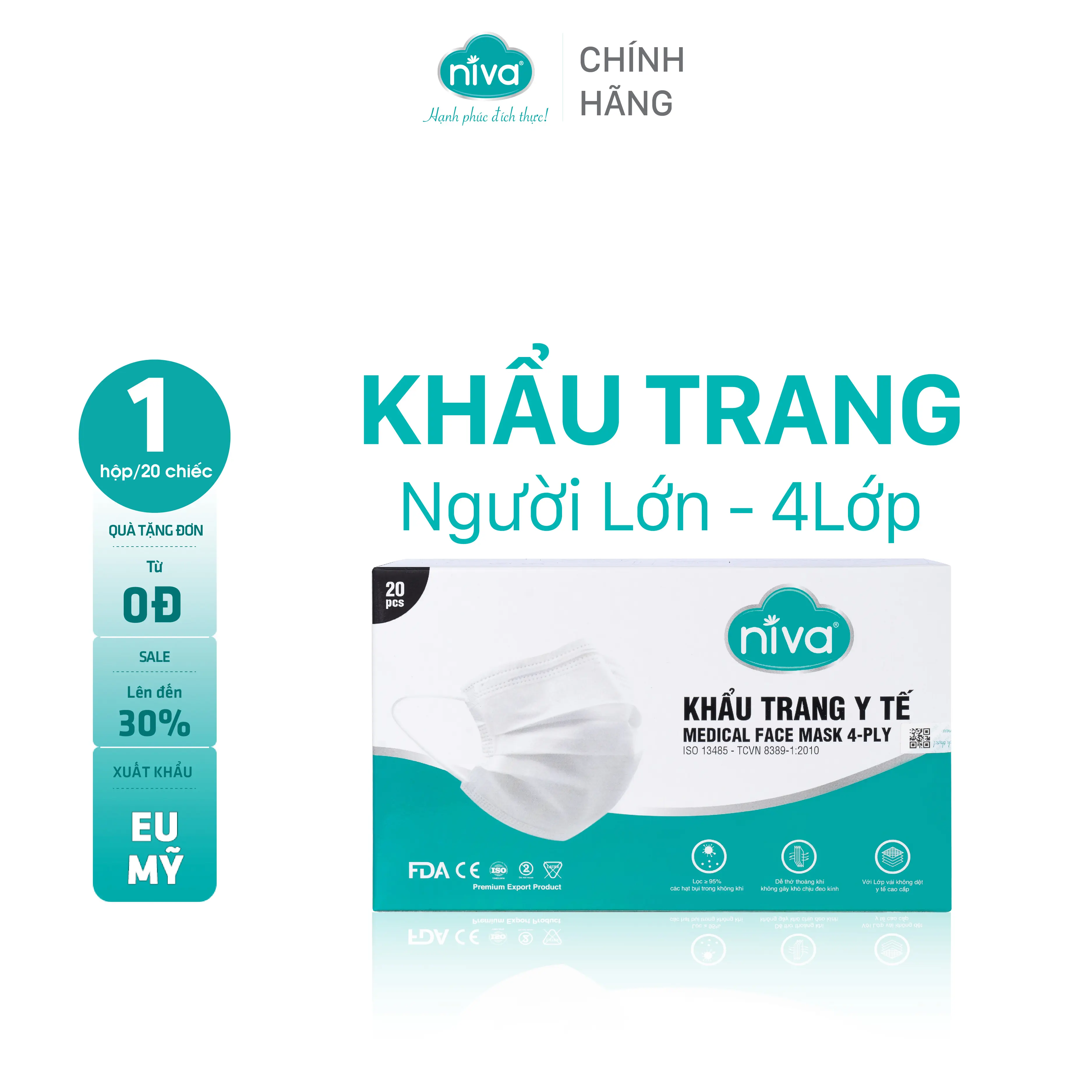 Hộp Khẩu Trang Niva Y Tế 4 Lớp Hộp 20 Cái Kháng Khuẩn, Ngăn Khói Bụi Hàng Chính Hãng Cao Cấp