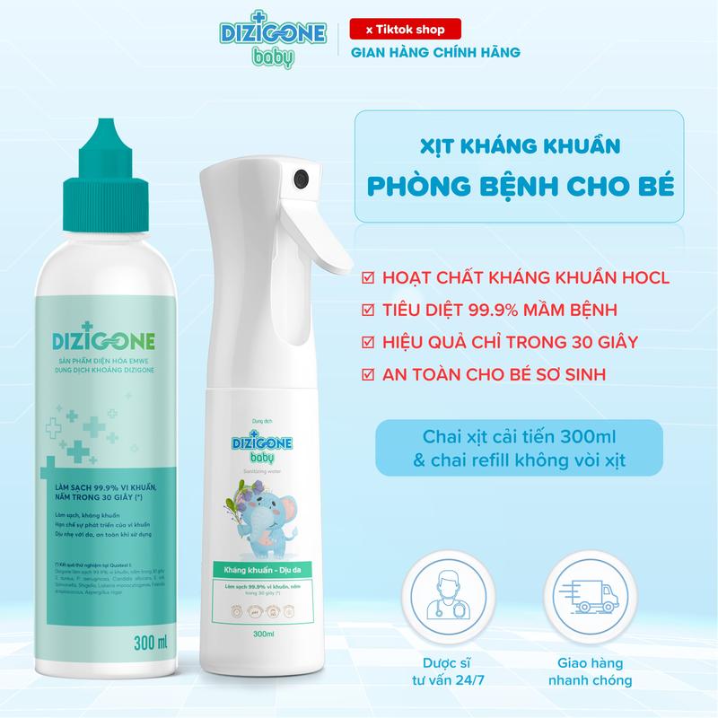 Combo Xịt kháng khuẩn DIZIGONE Baby 300ml & Dung dịch kháng khuẩn Dizigone (300 ml/ 500ml): Vệ sinh tay chân, cơ thể, đồ chơi, đồ dùng; phòng bệnh và bảo vệ bé