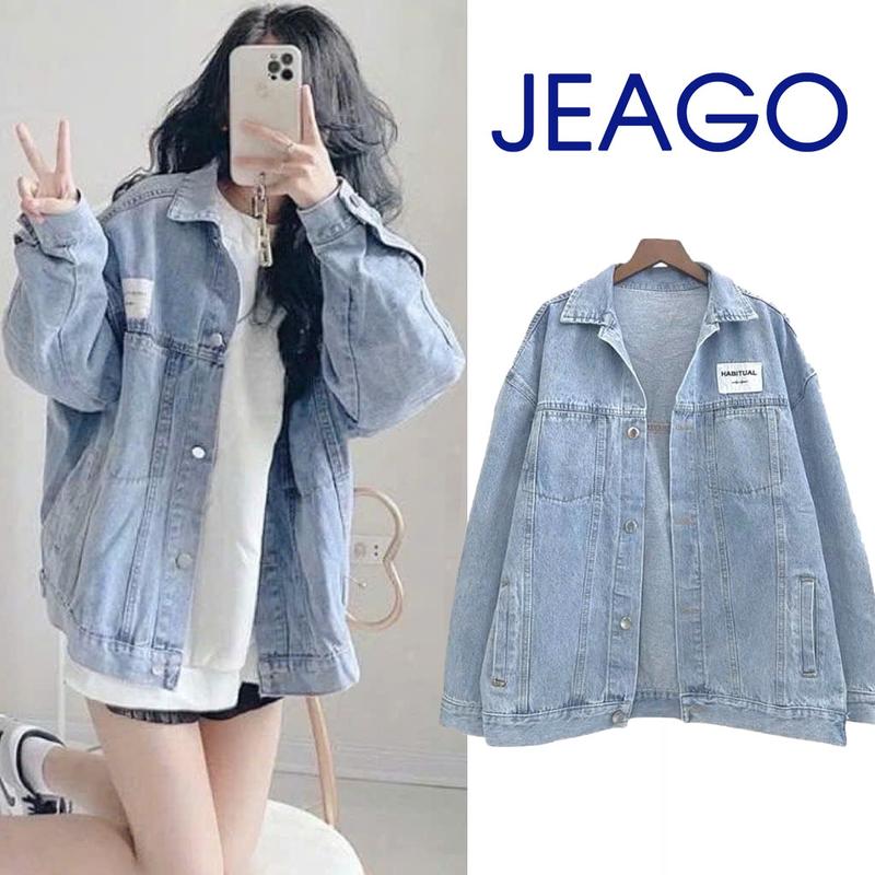 Áo Khoác Jeans Màu Đen Chỉ Trắng Và Xanh Nhạt Có Miếng Dán Trên Nắp Túi Dành Cho Nam Và Nữ JEAGOVN Top Jacket Kem Nhung