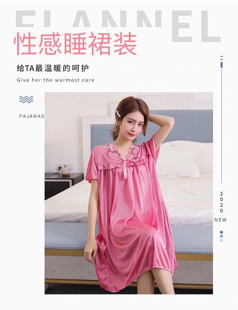 Product Introduction of Đồ Ngủ Nữ Mùa Hè, Ngoại Cỡ, Vải Lụa Lạnh Váy Ngủ, Thích Hợp Cho Cô Gái Đầy Đặn, Gợi Cảm Và Rộng Rãi, Váy Ngủ Ngắn Tay, Áo Mặc Bên Ngoài Tích Hợp, Đồ Mặc Nhà 13