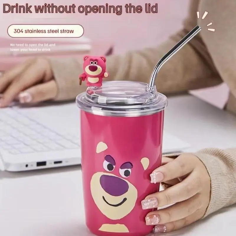 Tumbler Gelas Stainless Love Bear Karakter Mug Kopi Coffe Lucu 500ml/ Tumbler Lotso Straw Cup Bear Termos 500ML Strawberry Bear Baja Cangkir tumbler  lotso 1
