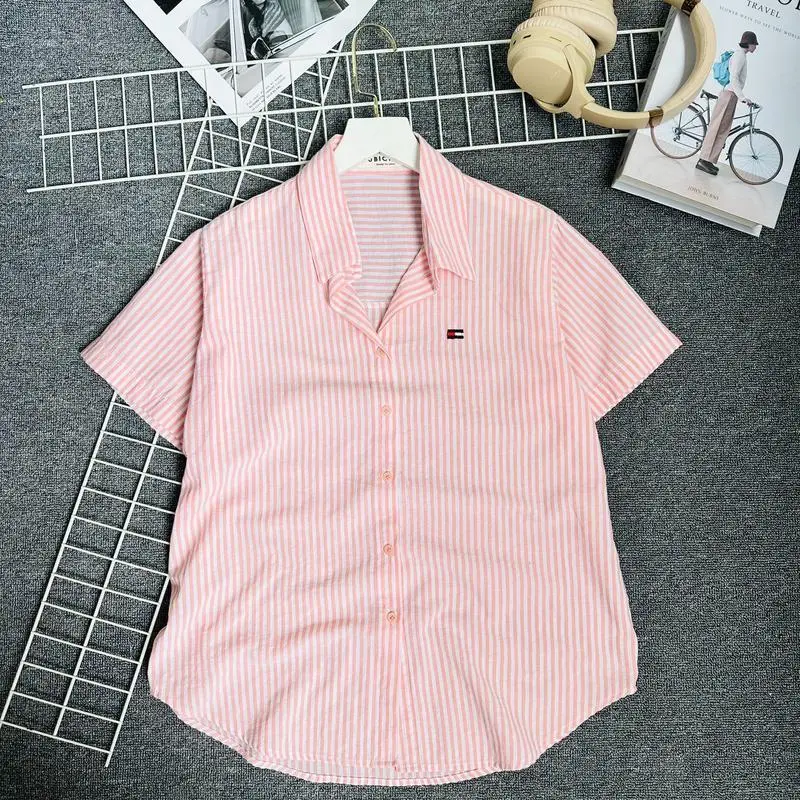 Áo Sơ Mi Nữ Kẻ Sọc Tay Ngắn Thêu Hình Xinh Xắn Chất Liệu Cotton Đũi Mềm Nhẹ Mát Top