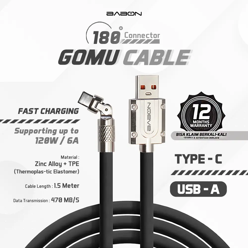 BABON CABLE CHARGER GOMU 180 USB TO TYPE-C Ponsel Gadget Kabel