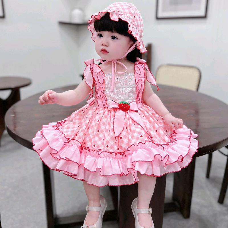 Bé Cưng Store Váy Lolita 2 Dây Trái Dâu Kèm Mũ Và Quần Chip 4-19 Kg,Váy Cho Bé Gái Đầy Tháng Sinh Nhật Chất Thô Cotton