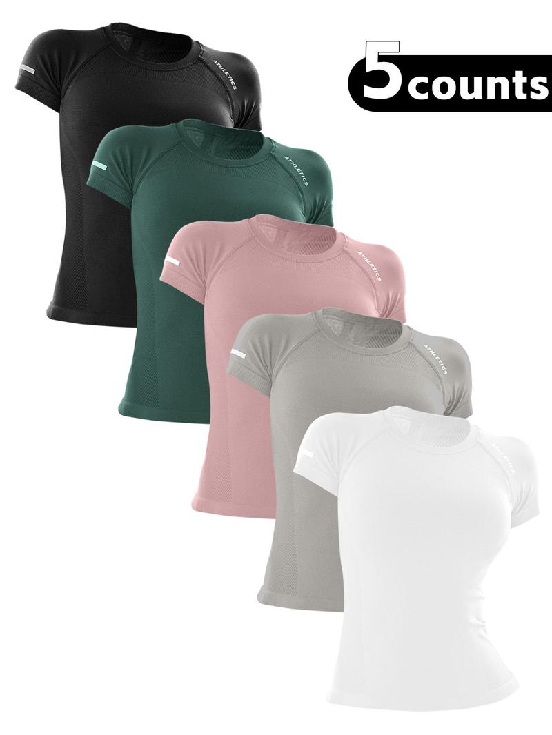 Product Introduction of Women's Letter Print Raglan Sleeve Sports Tee Gym Tops, Snug Fit Round Neck Short Sleeve T-shirt,  Breathable Fabric Workout Tops, Athletics Fitness Clothes, Active Wear Gym Clothing, Ladies Compression Shirts Sportswear for Yoga Gym Workout Birthday 10