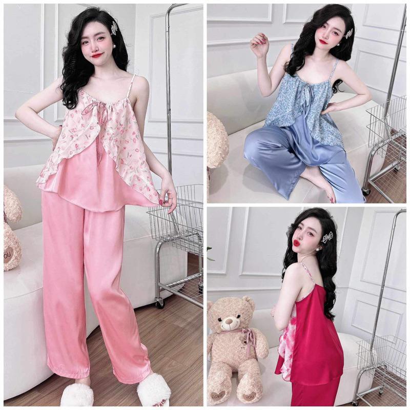 Đồ bộ áo 2 dây quần dài dây lụa rút nơ xinh xắn - Lụa Latin phối Voan Hoa Sang Trọng Women Kem Quần Ngủ rose đồ pijama Sen