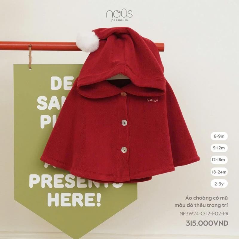   KOL Nous Xmas  Áo choàng Nous có mũ màu đỏ thêu trang trí cho bé trai bé gái đi chơi Noel từ 6 tháng-3 tuổi 