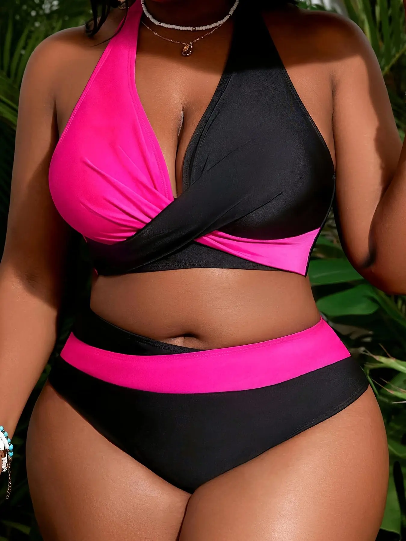 【Plus Size】 Colorblock Swim Top & Swim Bottom Bikini Set, Casual Swimsuit for Beach Holiday Vacation, Women's Swimwear for All Seasons
