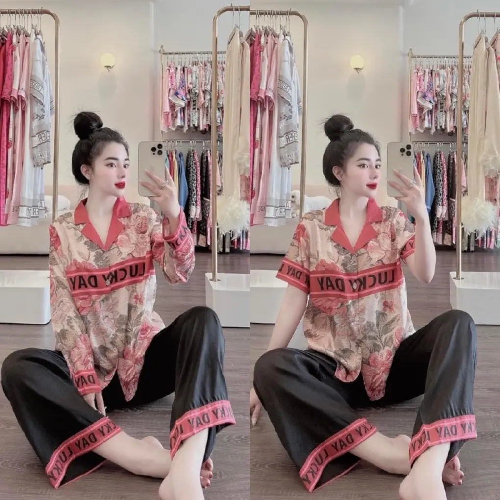 (40-60kg và 60-80kg) Đồ Bộ Nữ, Chất Vải Lụa Xước Mềm, Thoáng Mát, Tay Dài Tay Ngắn Quần Dài, In Họa Tiết Hoa Chữ Luc ky Day Dài Tay Nhung
