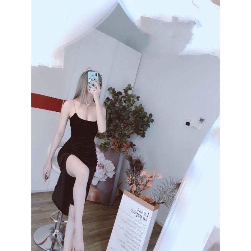 Product Introduction of Váy nhung xích xẻ tà nhún ôm body, đầm 2 dây nhung xích Nữ Dress Women Đen Đỏ đáng yêu đường thêu 3