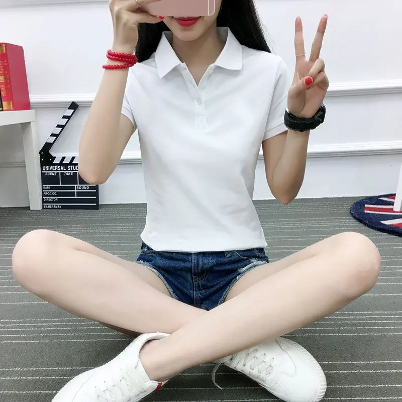 Summer Polo Shirt Short Sleeved Lapel Women's Collar T-Shirt Women's Versatile Cotton Led Sports Paul Shirt Looks Slim