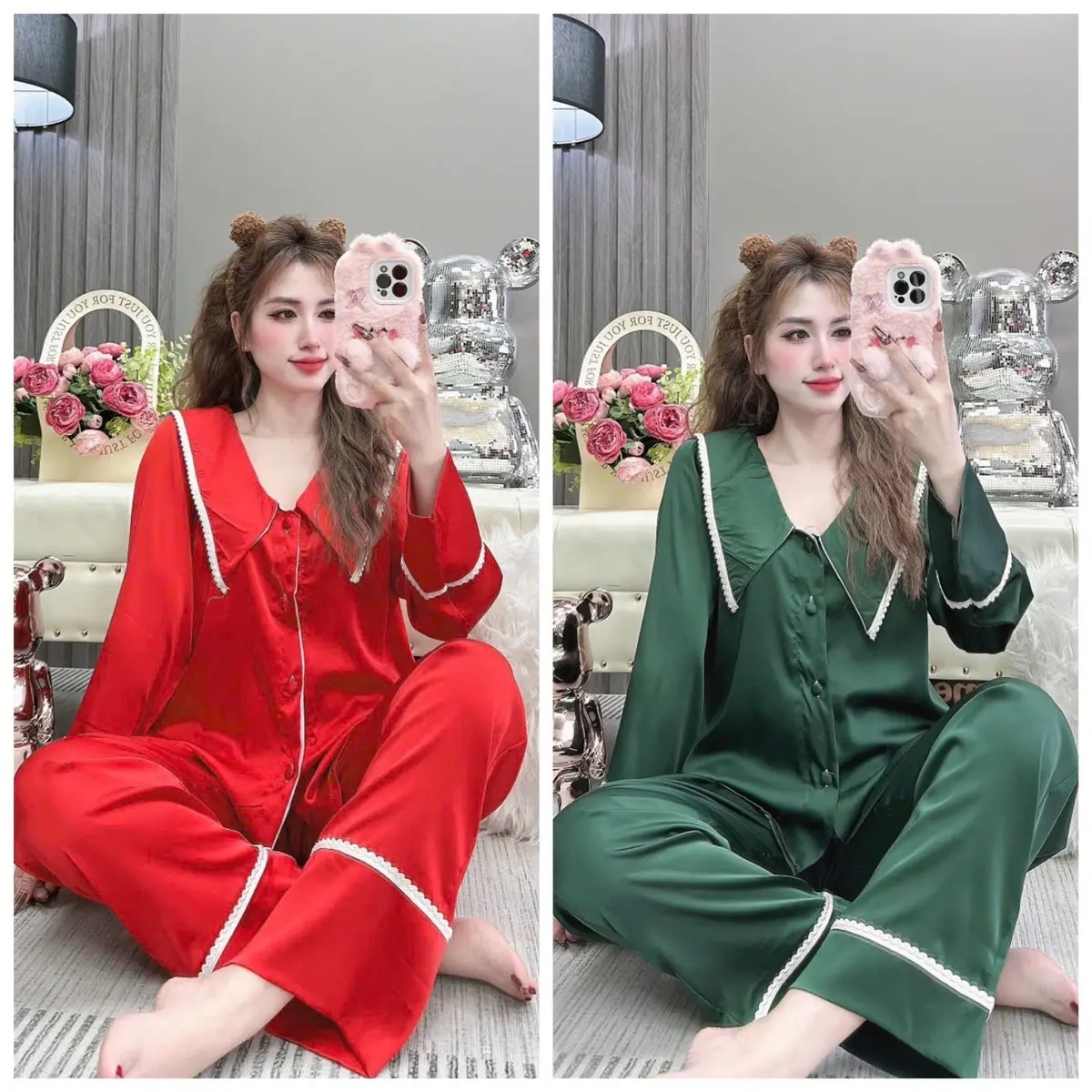 Bộ latin màu trơn viền cổ nhọn dưới 60kg cúc bọc vải tay dài quần dài mặt nhà thoáng mát Nữ Women Quần Ngủ Áo Voi Dài Tay
