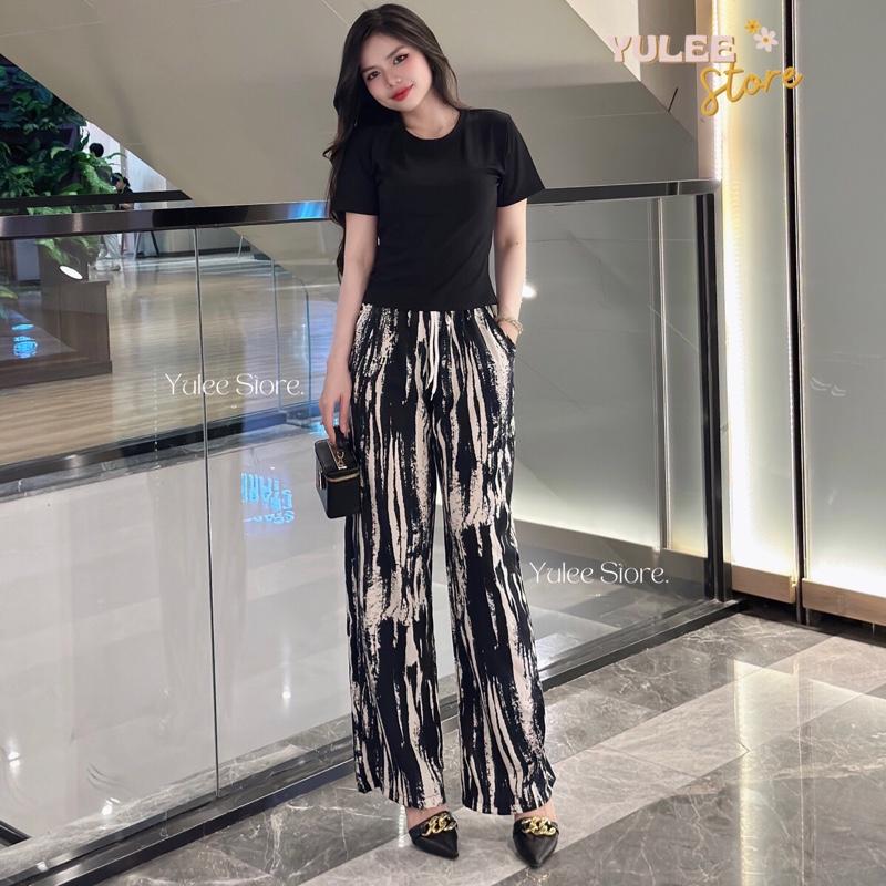 {Yuleestore} Sét Bộ Nữ Quần Vãi Lụa, Ống Suông, Áo Thun Tăm (42-70kg)Tua Women Nhung Top Voi