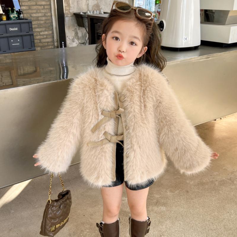 Áo Khoác Bé Gái, Lông Giả, Áo Len Lông Thú, Nơ Trẻ Em, Áo Nhồi Bông Phong Cách Phương Tây, Quần Áo Mùa Thu Và Mùa Đông, Mới Cho Năm 2024 7