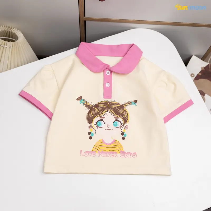[10-52kg] Áo thun cotton bé gái cổ trụ in hình dễ thương 1