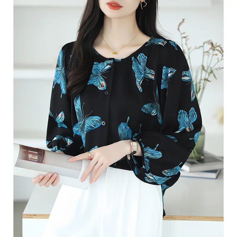 Áo Voan Cổ Tròn, Dành Cho Nữ, In Hình Bướm, Phong Cách Hồi Giáo, Áo Dài Tay, Hàng Mới Về 7