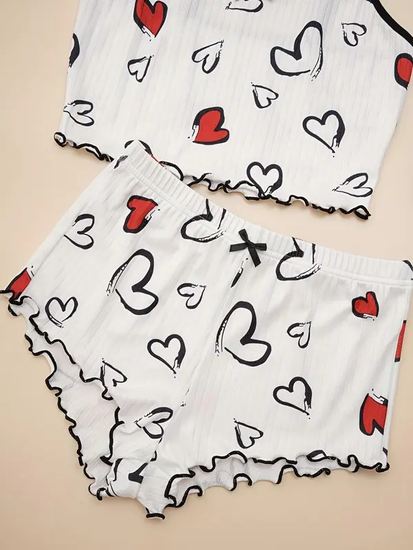 Christmas Gift Women's Heart Print Lettuce Trim Pajama Set, Casual Comfort Sleeveless Cami Crop Top & Elastic Waist PJ Shorts, Summer Wear 2024, Women's Tighten Pants, Lady Chic Homewear Loungewear Pyjamas Womenswear Lingerie 8