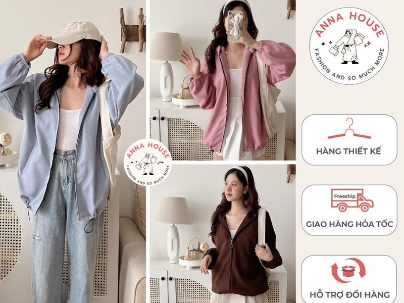 hàng có sẵn Áo Khoác Nhung Lỳ nữ nam Annaa House 2 lớp Có Mũ To Túi Trong Lót Vải Lụa Form Rộng Chống Nắng UV áo nữ mũ rộng áo khoác hoodie zip áo thu đông nữ cực đẹp