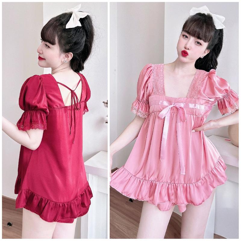 Đồ ngủ pyjama nữ Mẫu tiểu thư đồ bộ đùi Áo tay ngắn cổ U Viền Ren Lụa Latin mềm đẹp mặc mát Hồng Thun