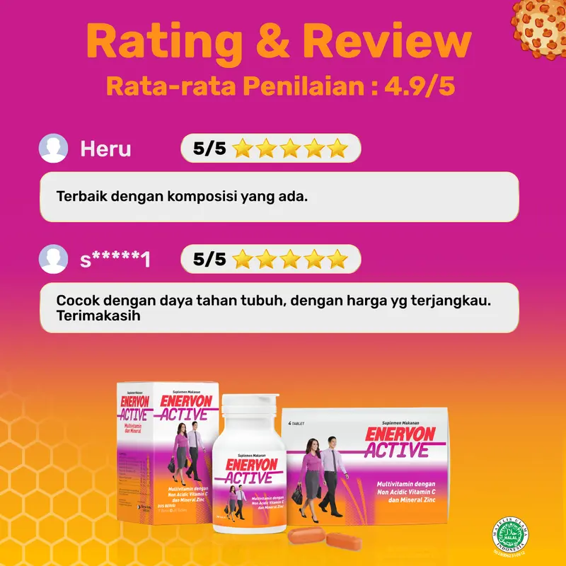 Enervon Active Non-Acidic Vitamin C, B Complex, Zinc Suplemen Multivitamin dan Mineral Isi 30 Tablet (1 Botol x 30) 5
