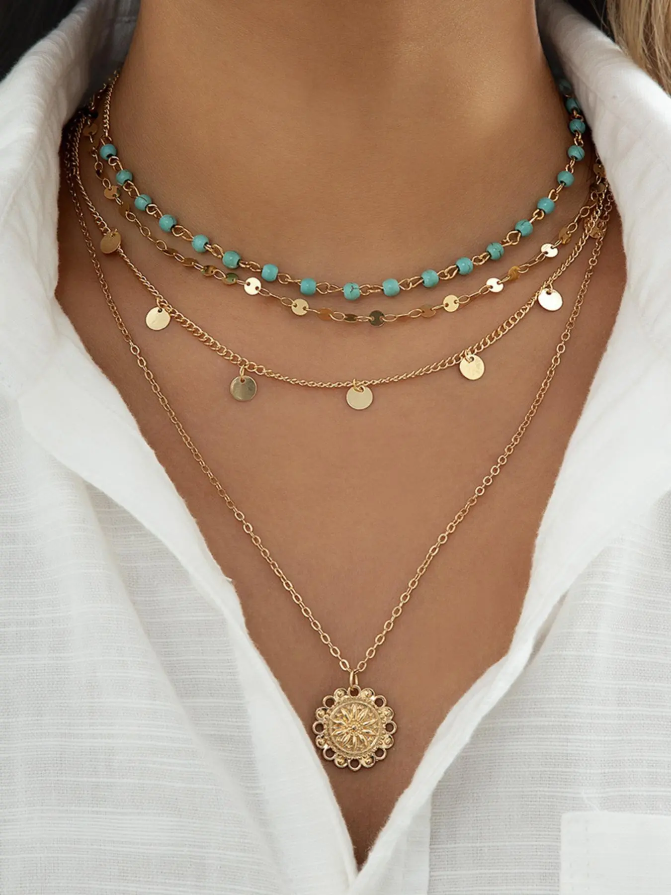 Women's Boho Style Turquoise Texture Design Layered Necklace, Fashion Jewelry for Party, Daily Clothing Decor, Exquisite Jewelry for Birthday Gift